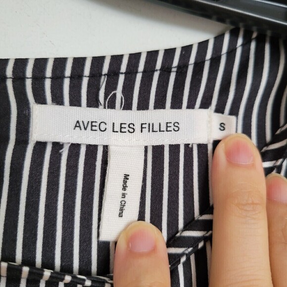 AVEC LES FILLES Black White Striped Cuffed Long Sleeve Shirt Blouse Size Small - Picture 11 of 13